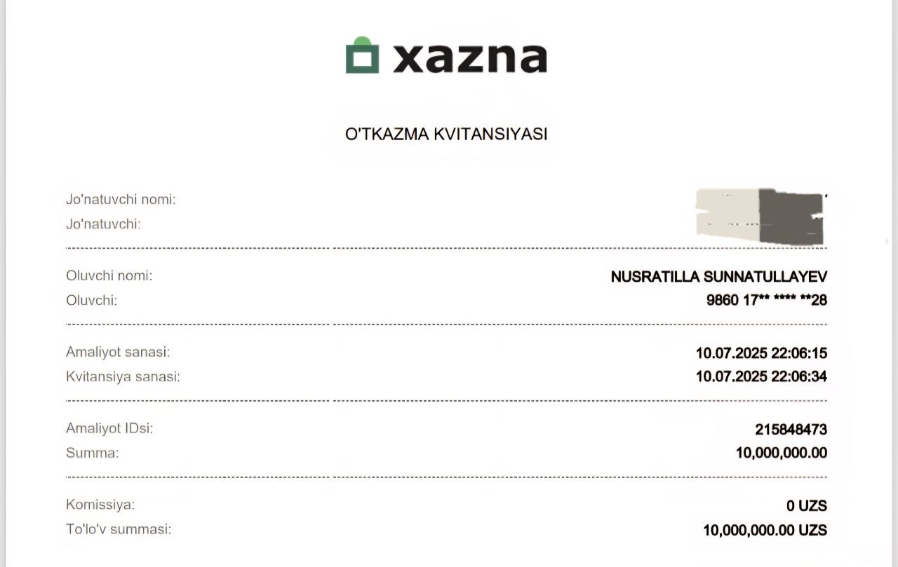 Xazna to'lov kvitansiyasi - 10,000,000 UZS